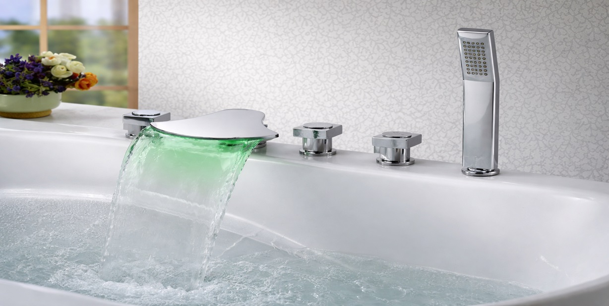LED chrome bathtub faucet with valve and hand shower